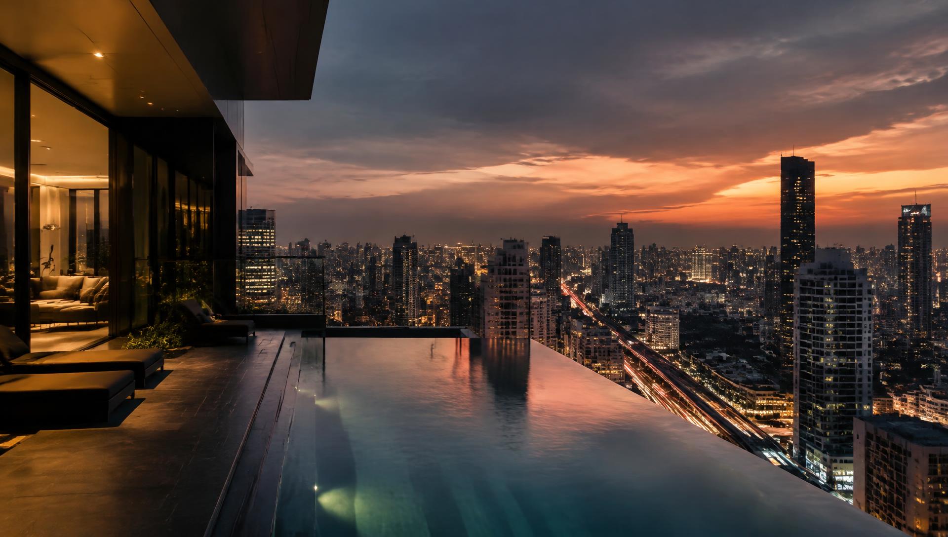 Bangkok skyline from a luxury condo pool
